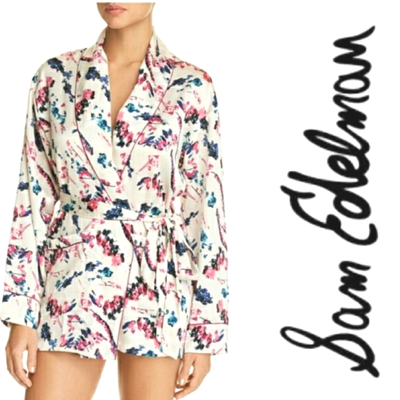 Sam Edelman White Abstract Floral Smoking Jacket Short Robe Sz S & Sz M NWT - Picture 1 of 5